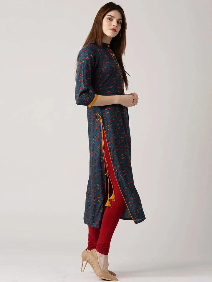 Blue Printed Rayon Kurta - Libas