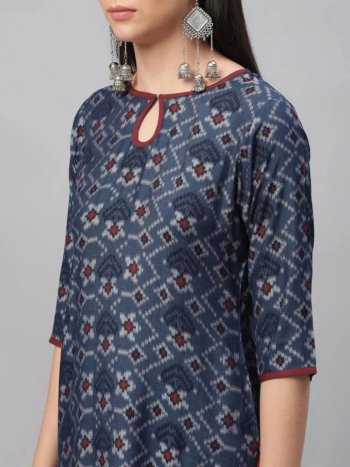 Blue Printed Rayon Kurta - Libas