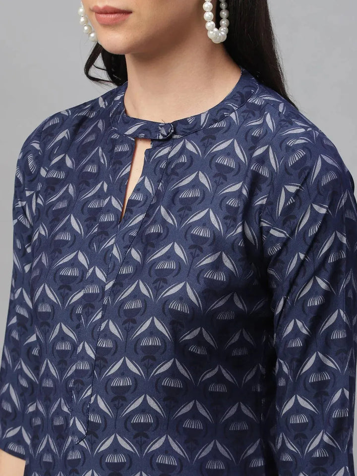 Blue Printed Rayon Kurta - Libas