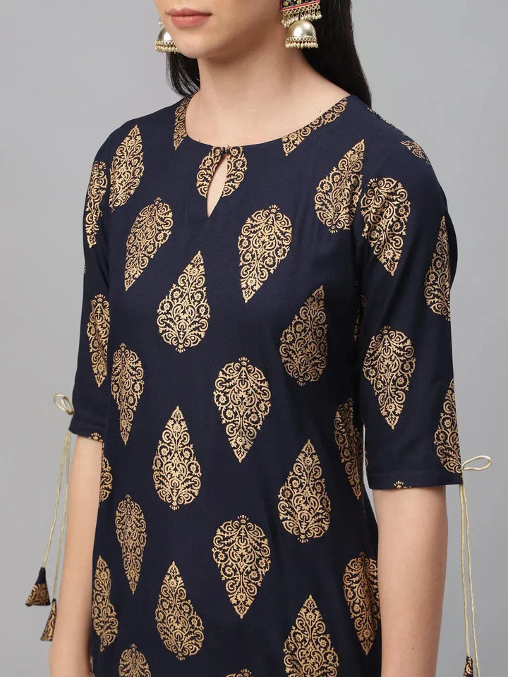 Blue Printed Rayon Kurta - Libas