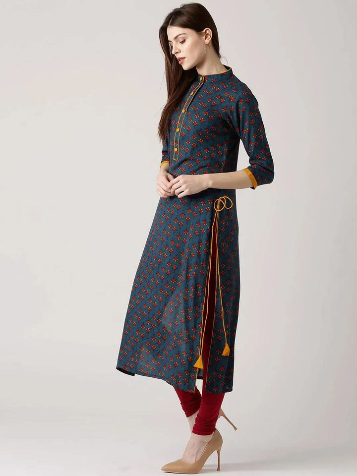 Blue Printed Rayon Kurta - Libas