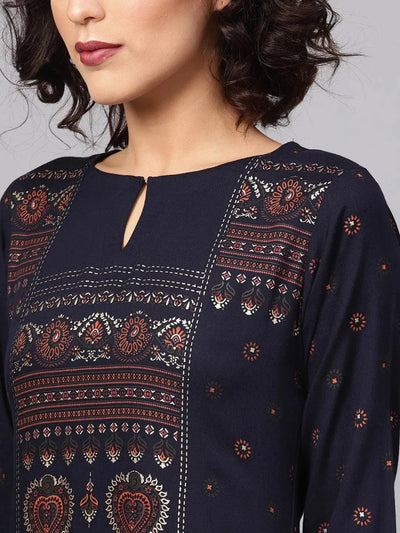 Blue Printed Rayon Kurta - Libas