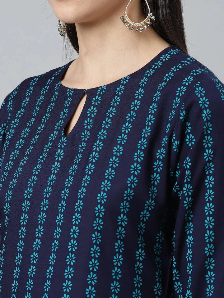 Blue Printed Rayon Kurta - Libas