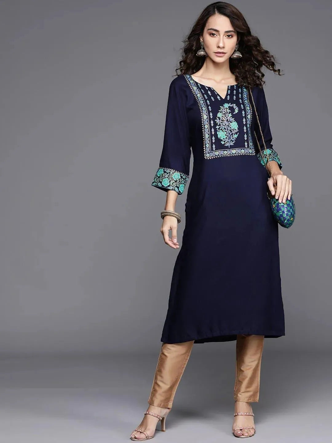 Blue Printed Rayon Kurta - Libas