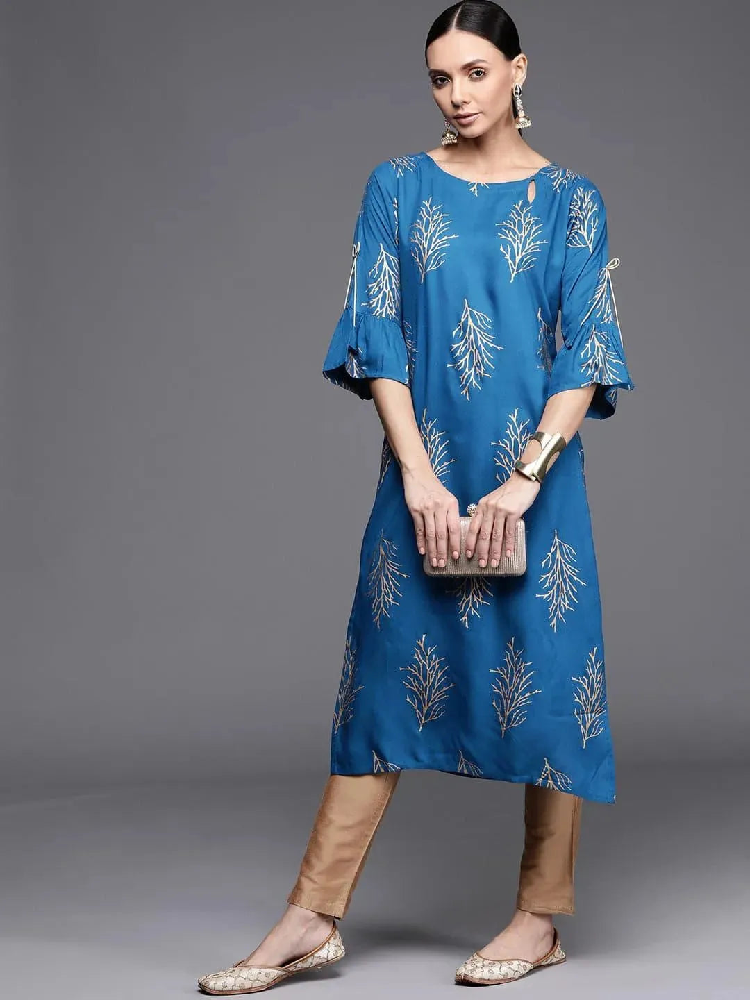 Blue Printed Rayon Kurta - Libas 