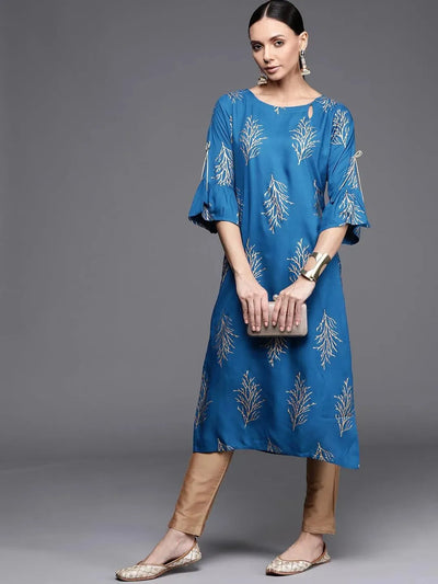 Blue Printed Rayon Kurta - Libas