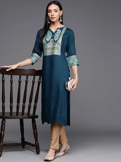 Blue Printed Rayon Kurta - Libas