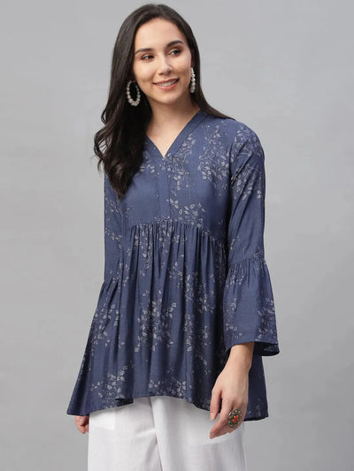 Blue Printed Rayon Kurti - Libas