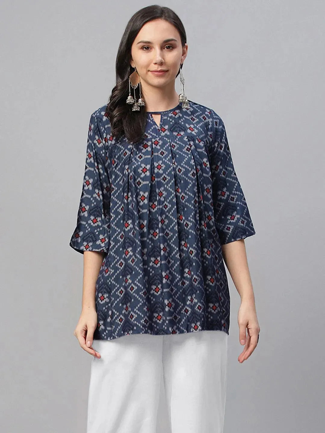 Blue Printed Rayon Kurti - Libas