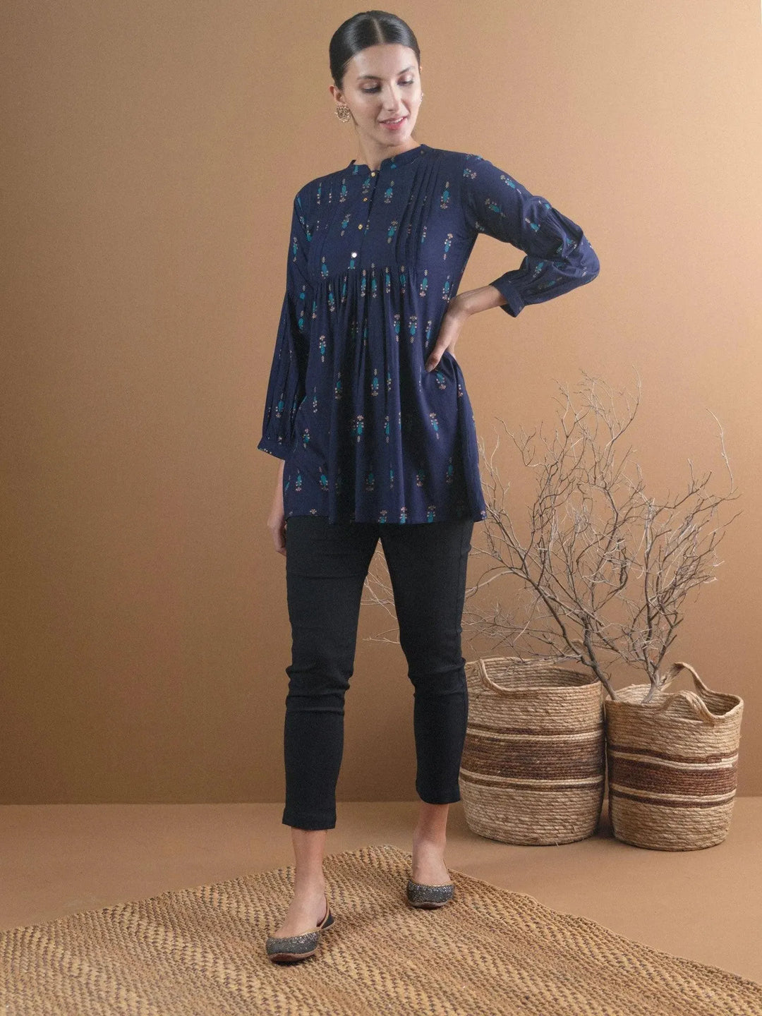 Blue Printed Rayon Kurti - Libas