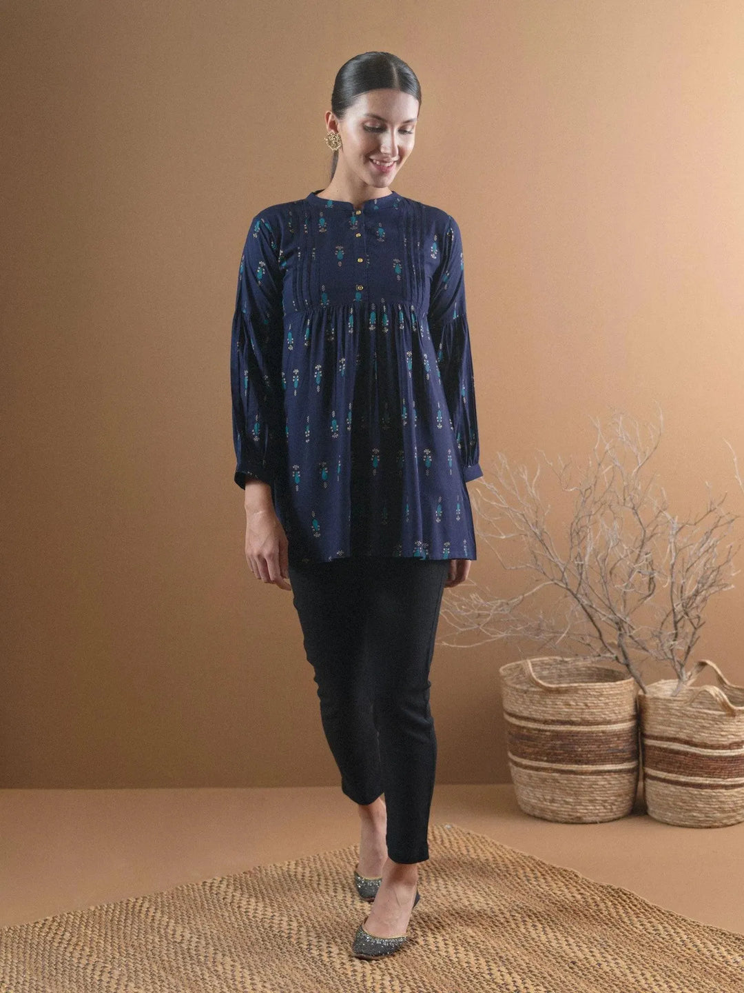 Blue Printed Rayon Kurti - Libas