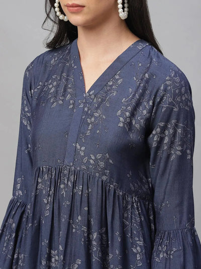 Blue Printed Rayon Kurti - Libas