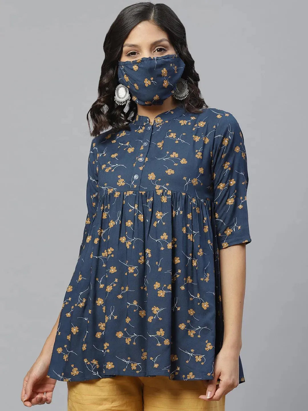 Blue Printed Rayon Kurti With Mask - Libas