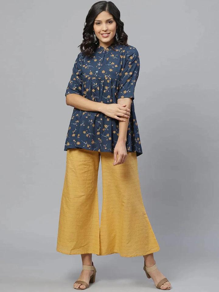 Blue Printed Rayon Kurti With Mask - Libas
