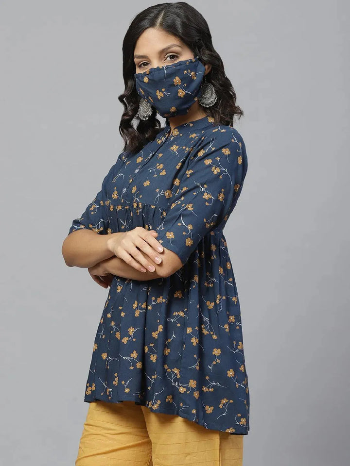 Blue Printed Rayon Kurti With Mask - Libas