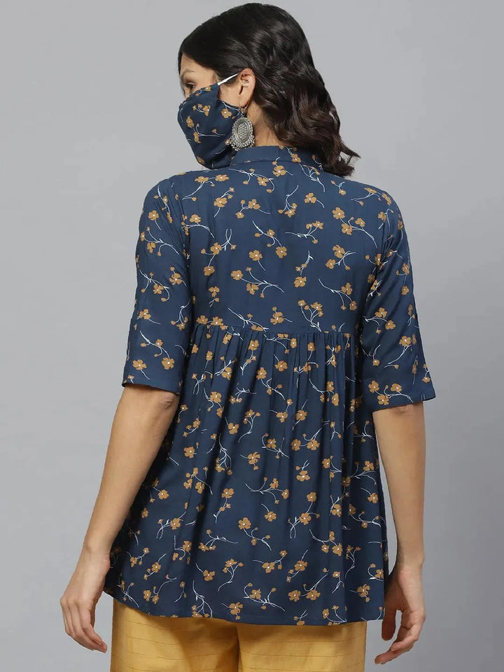Blue Printed Rayon Kurti With Mask - Libas