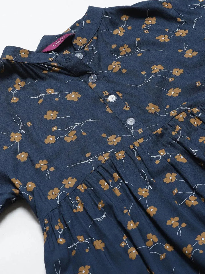 Blue Printed Rayon Kurti With Mask - Libas