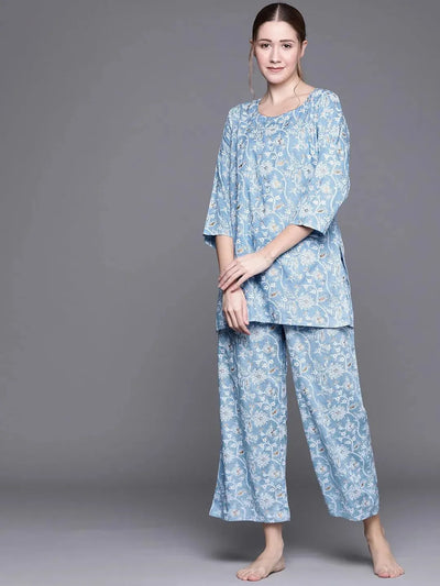 Blue Printed Rayon Night Suit - Libas