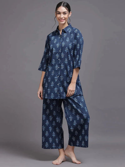 Blue Printed Rayon Night Suit - Libas