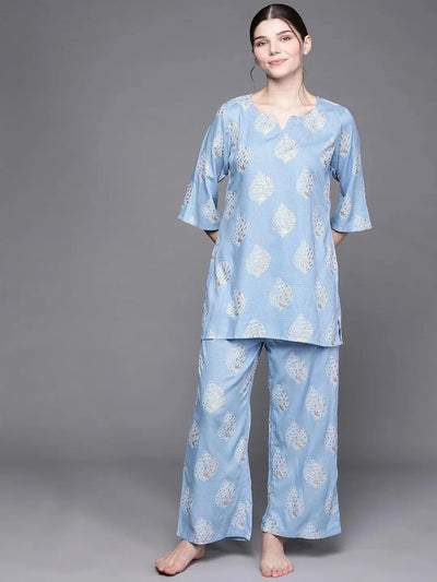 Blue Printed Rayon Night Suit - Libas