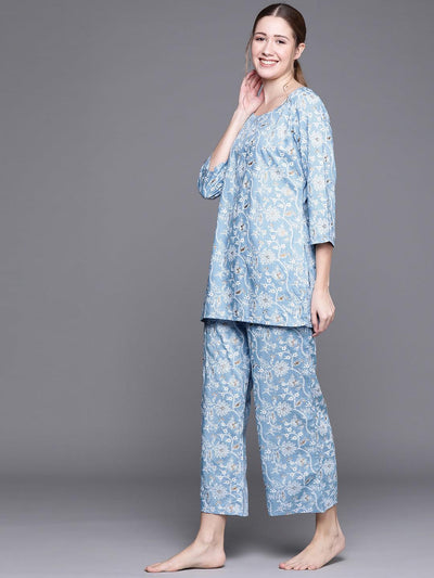 Blue Printed Rayon Night Suit - Libas