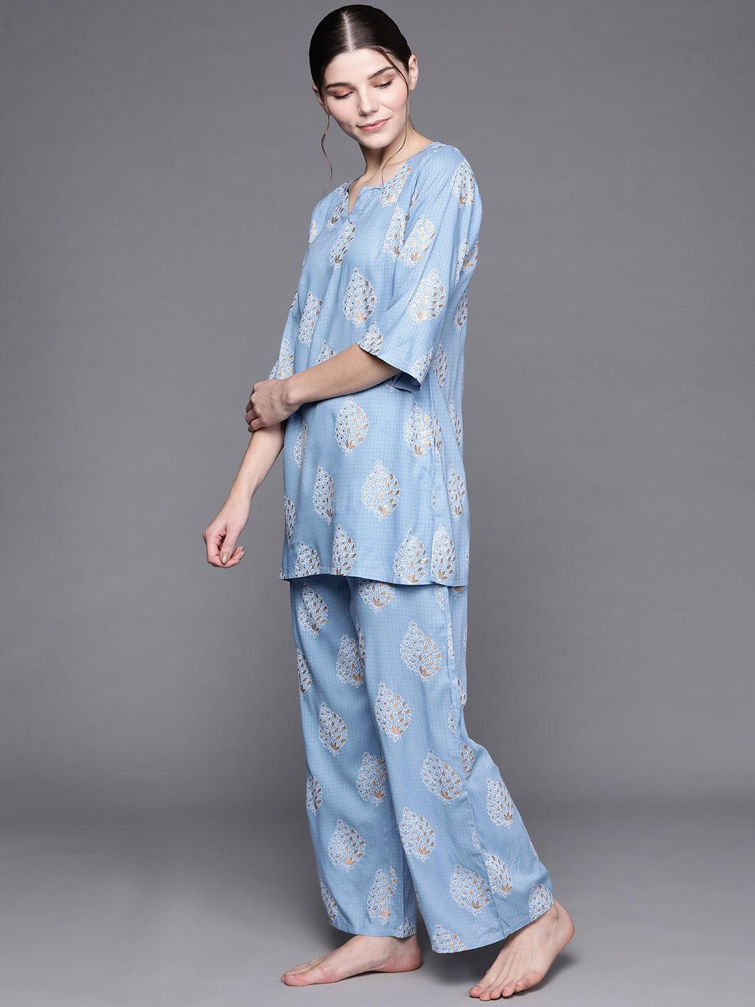 Blue Printed Rayon Night Suit - Libas