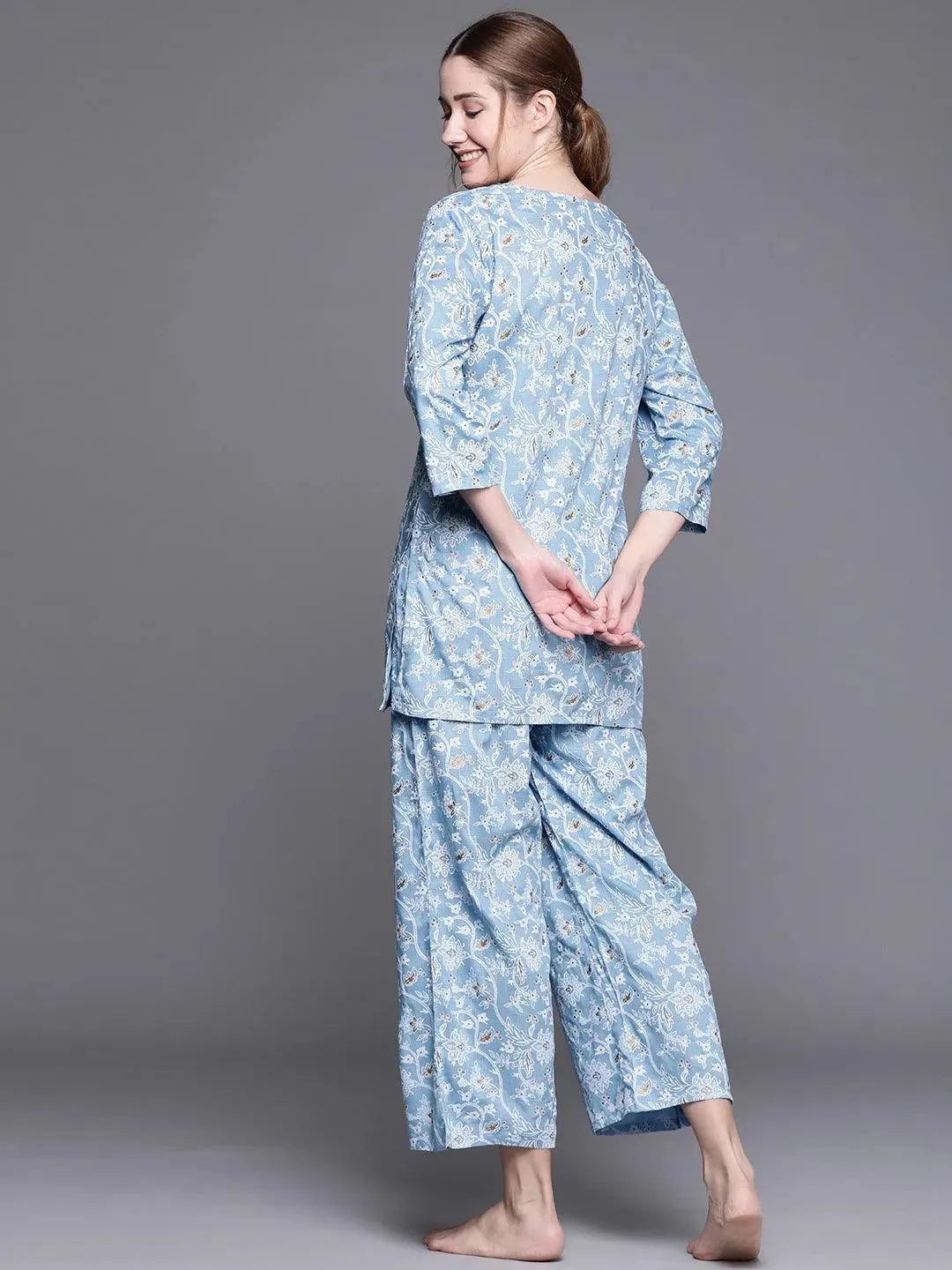 Blue Printed Rayon Night Suit - Libas