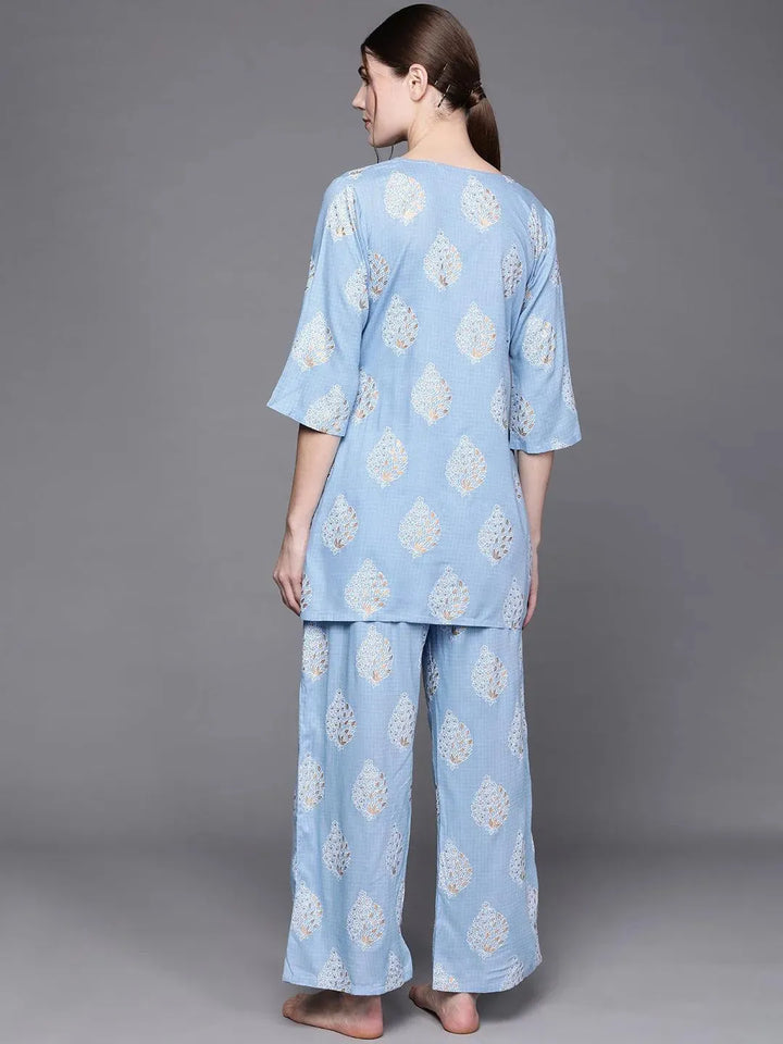Blue Printed Rayon Night Suit - Libas