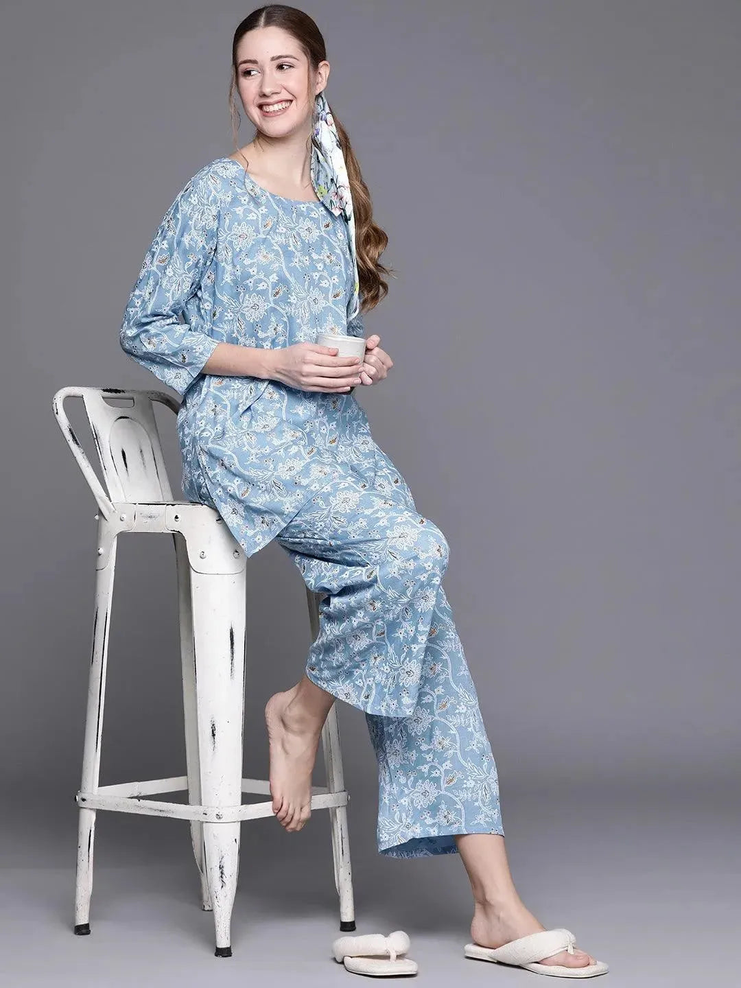 Blue Printed Rayon Night Suit - Libas 