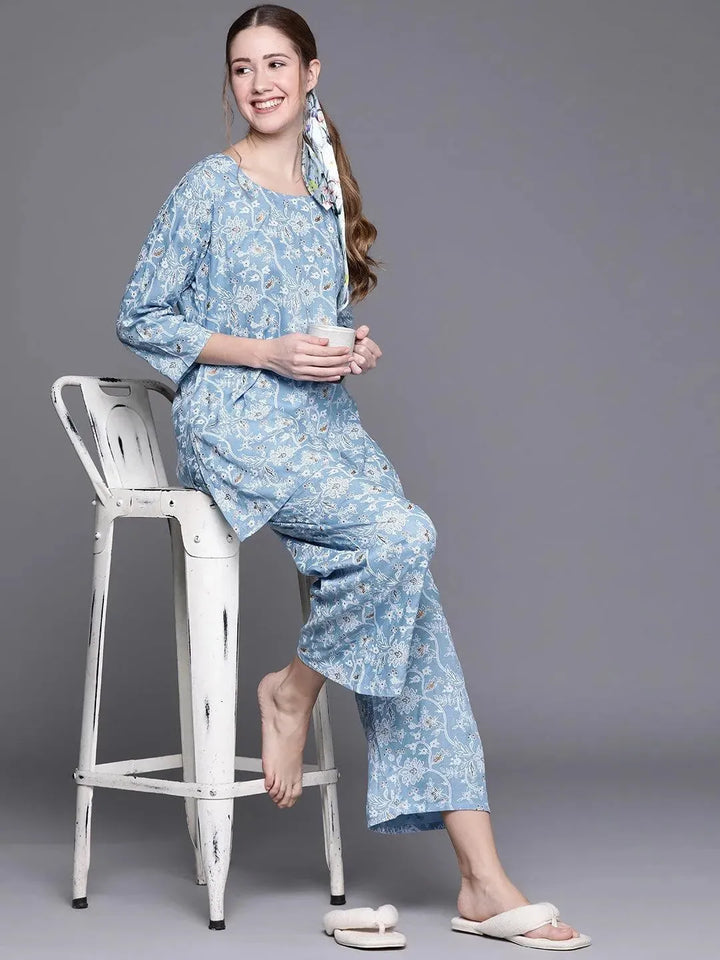 Blue Printed Rayon Night Suit - Libas