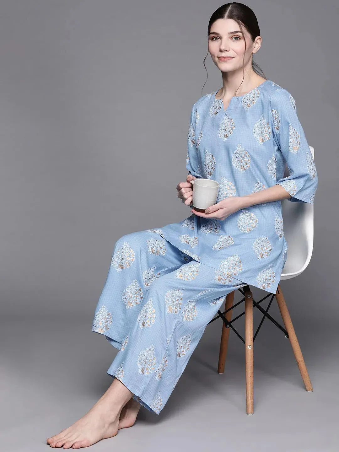 Blue Printed Rayon Night Suit - Libas