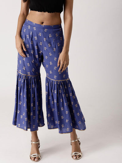 Blue Printed Rayon Sharara Pants - Libas