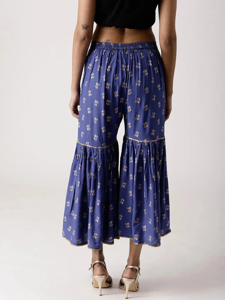 Blue Printed Rayon Sharara Pants - Libas