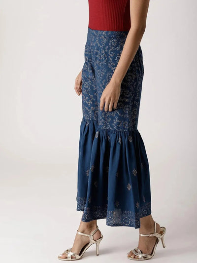 Blue Printed Rayon Sharara Pants - Libas