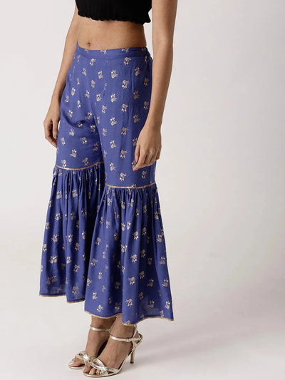 Blue Printed Rayon Sharara Pants - Libas