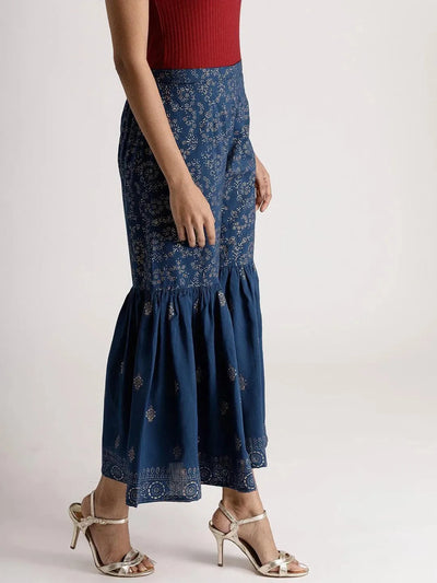 Blue Printed Rayon Sharara Pants - Libas