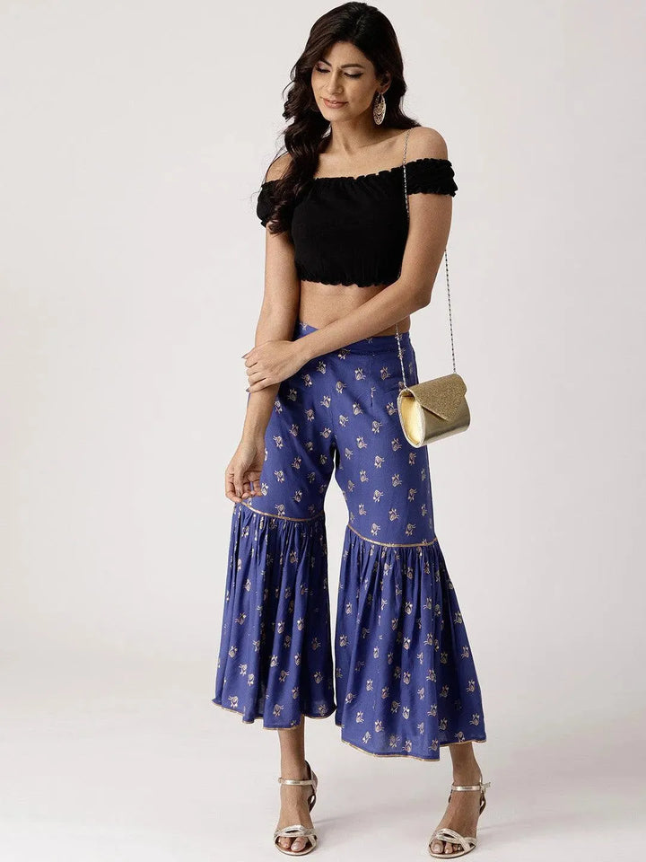 Blue Printed Rayon Sharara Pants - Libas