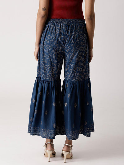 Blue Printed Rayon Sharara Pants - Libas