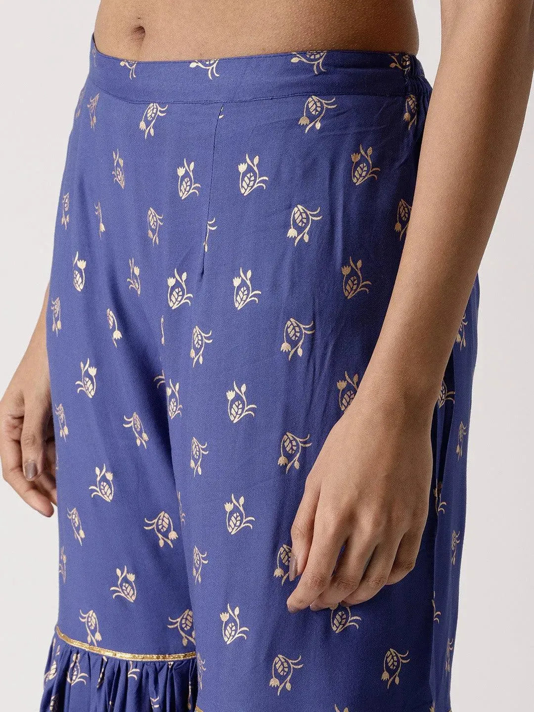 Blue Printed Rayon Sharara Pants - Libas