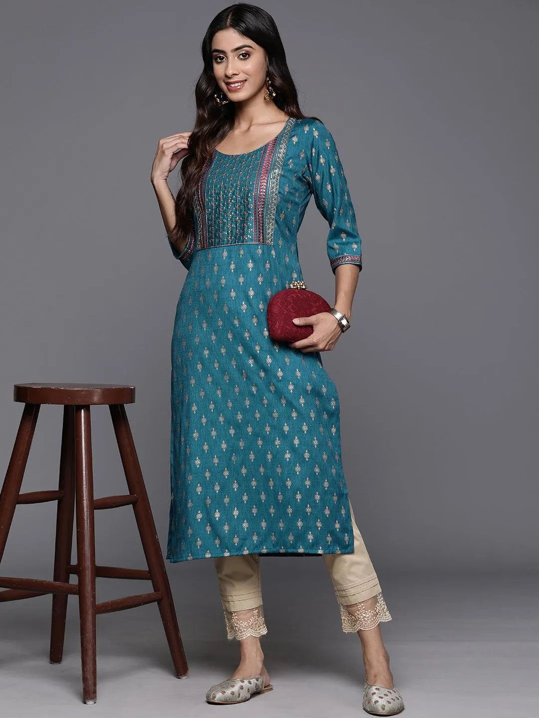 Blue Printed Rayon Straight Kurta - Libas
