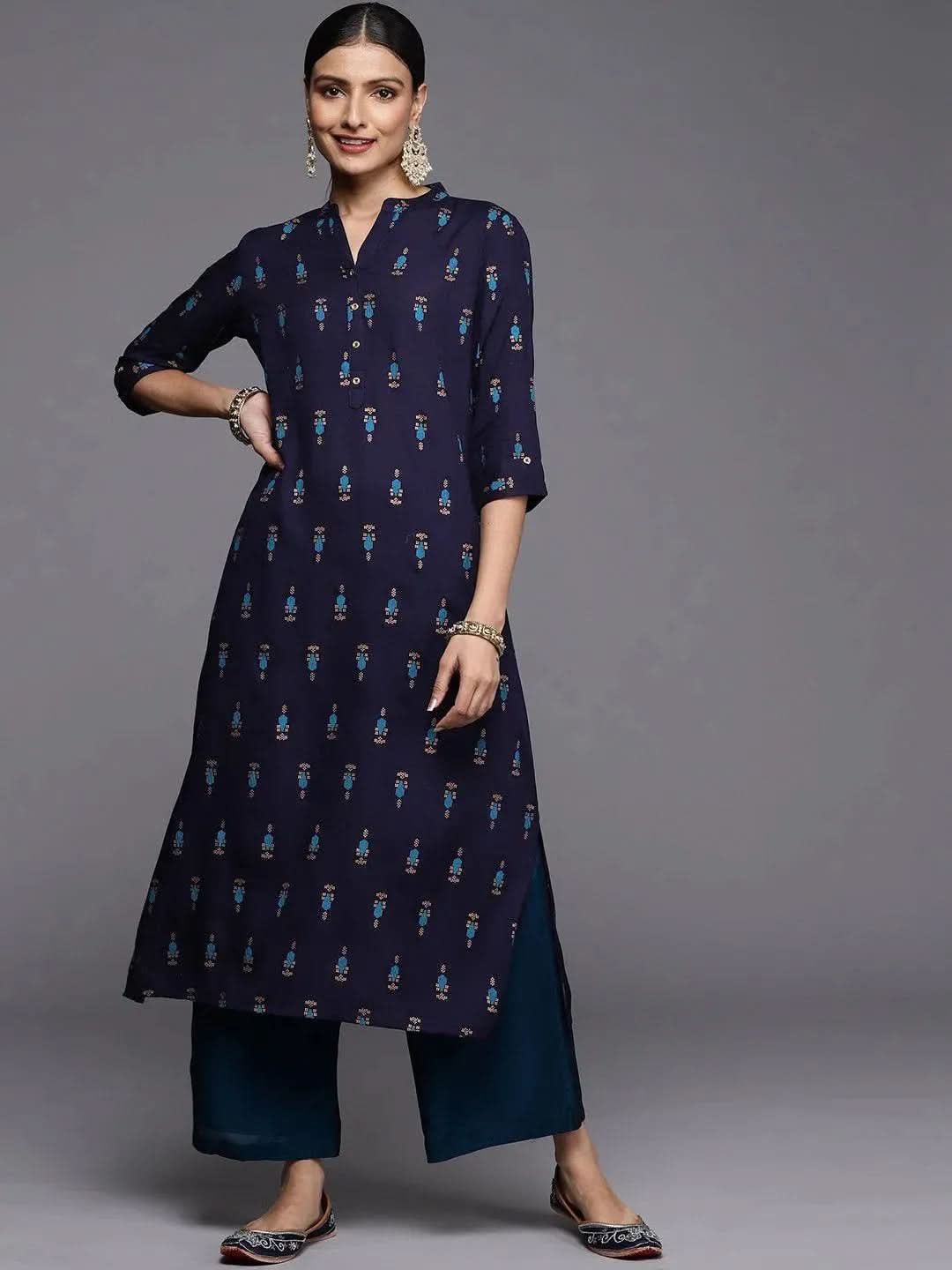 

Blue Printed Rayon Straight Kurta