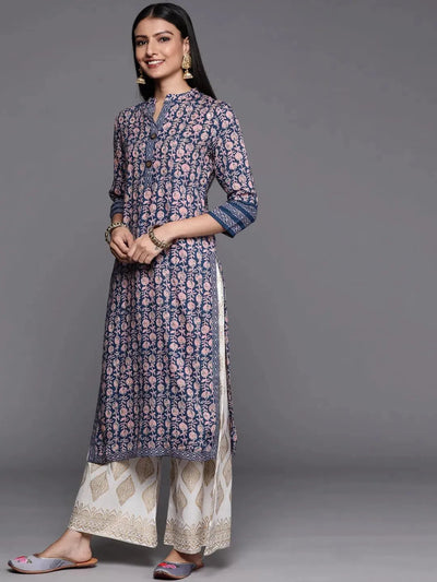 Blue Printed Rayon Straight Kurta - Libas