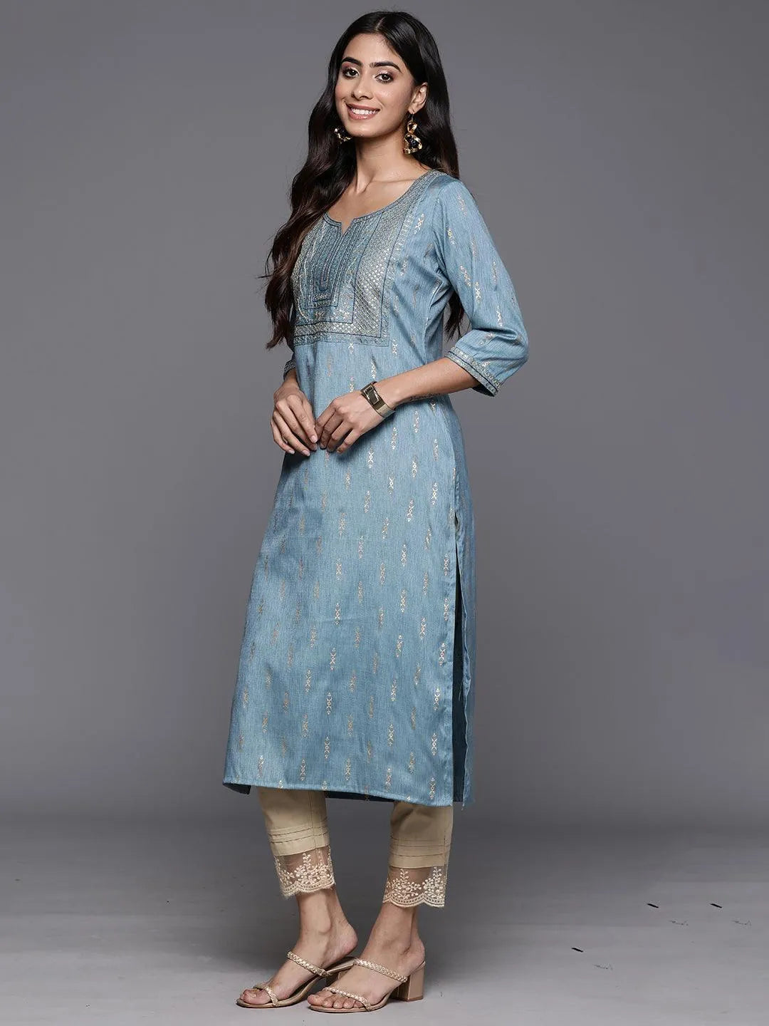Blue Printed Rayon Straight Kurta - Libas 