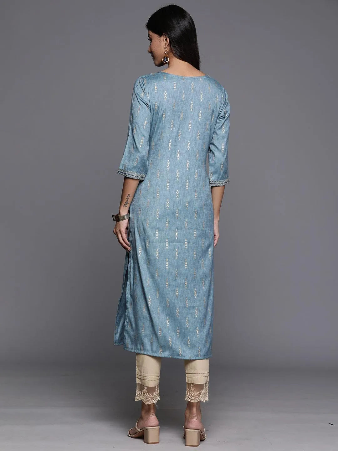 Blue Printed Rayon Straight Kurta - Libas 