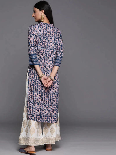 Blue Printed Rayon Straight Kurta - Libas