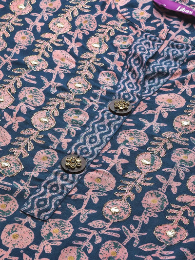 Blue Printed Rayon Straight Kurta - Libas