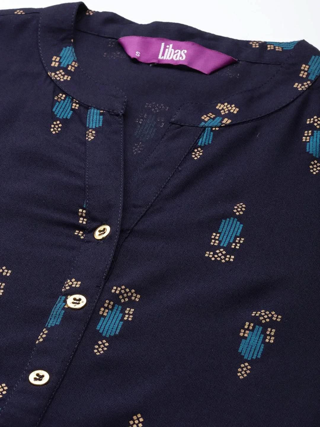 Blue Printed Rayon Straight Kurta - Libas 
