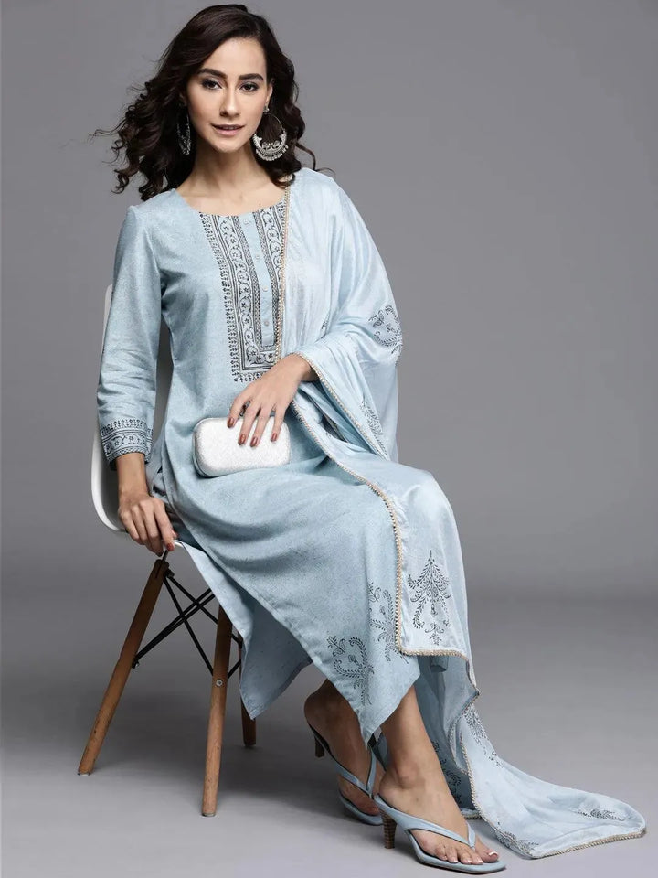 Blue Printed Viscose Rayon Suit Set - Libas