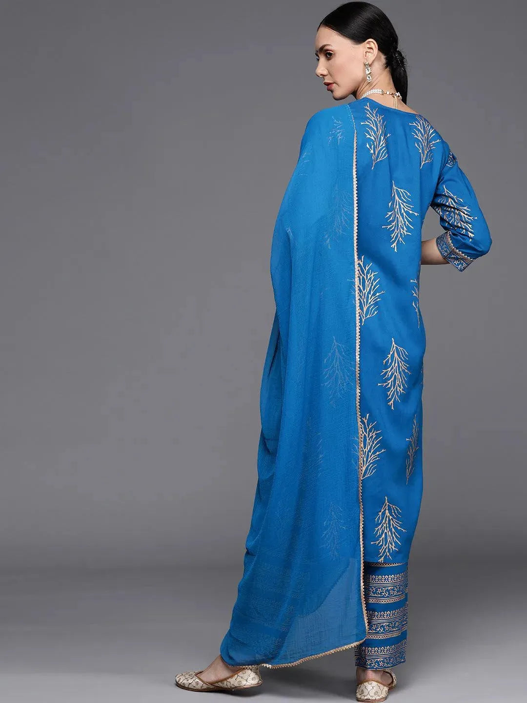 Blue Printed Rayon Suit Set - Libas 