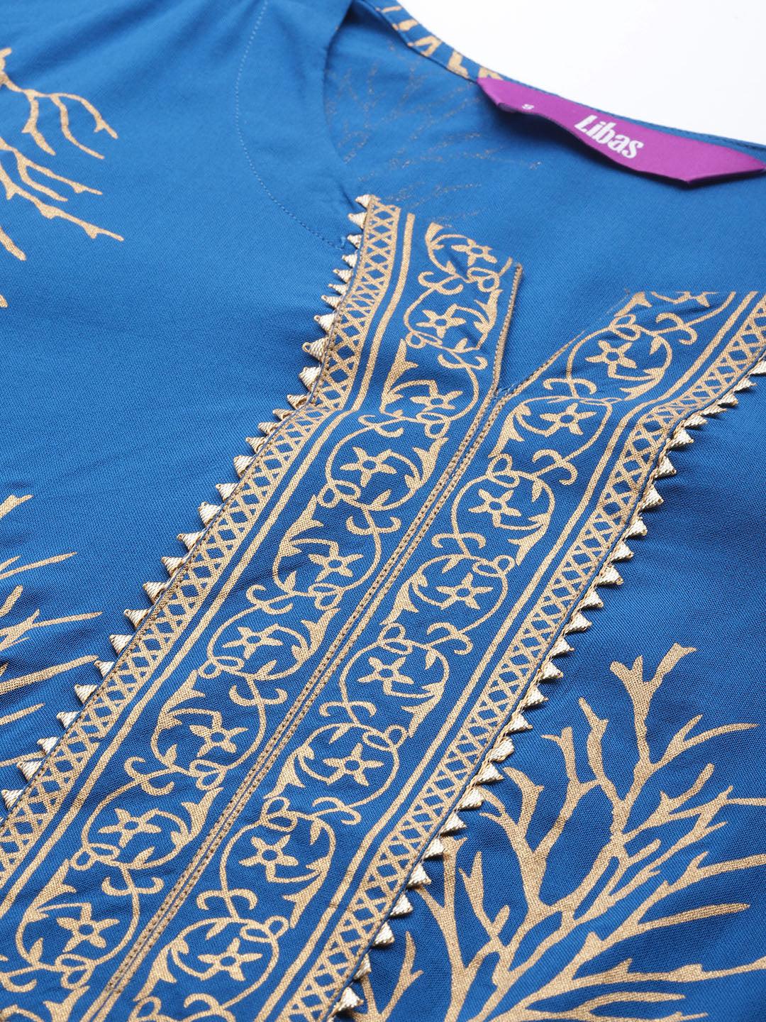 Blue Printed Rayon Straight Kurta With Dupatta